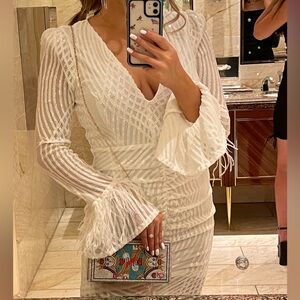 Bachelorette dress. Windsor feather dress. White mini dress.